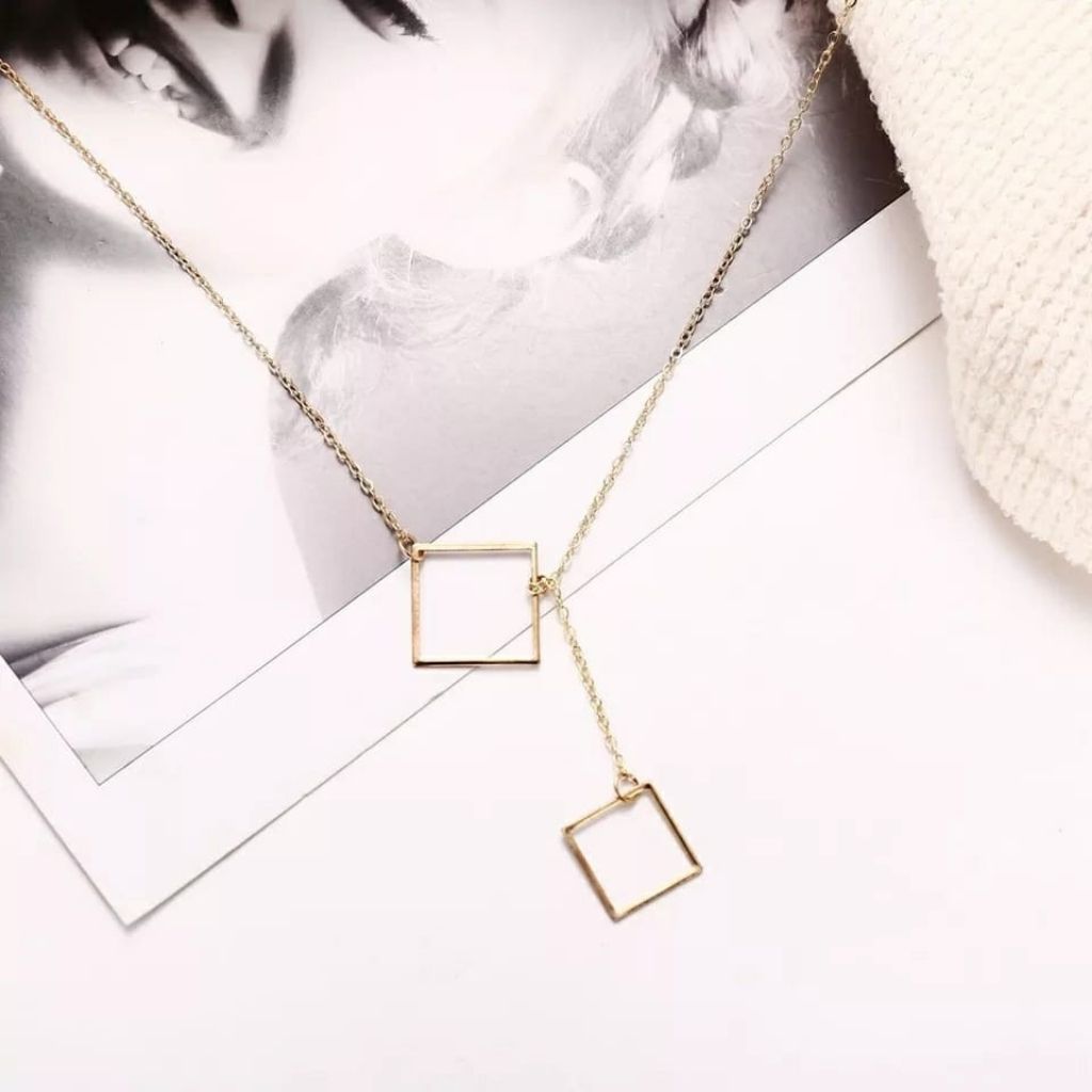 Two Square Drop Lariat Y Shape Interlock Rectangle Bar Lariat Drop Necklace