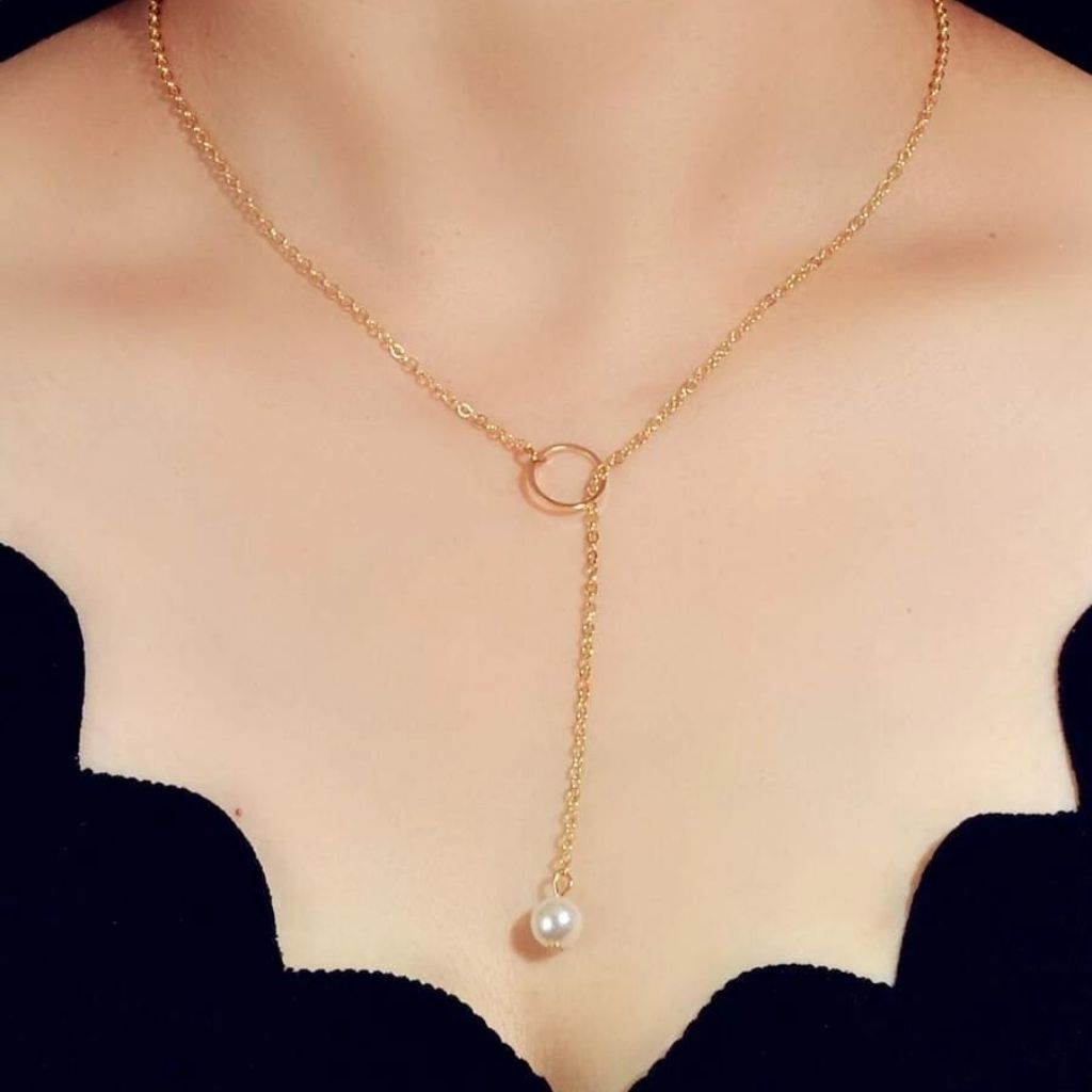 Gold White Pearl Drop Karma Elegant Y Shape Everyday Elegant Lariat Drop — Boho Jewellery UK | The Colourful Aura