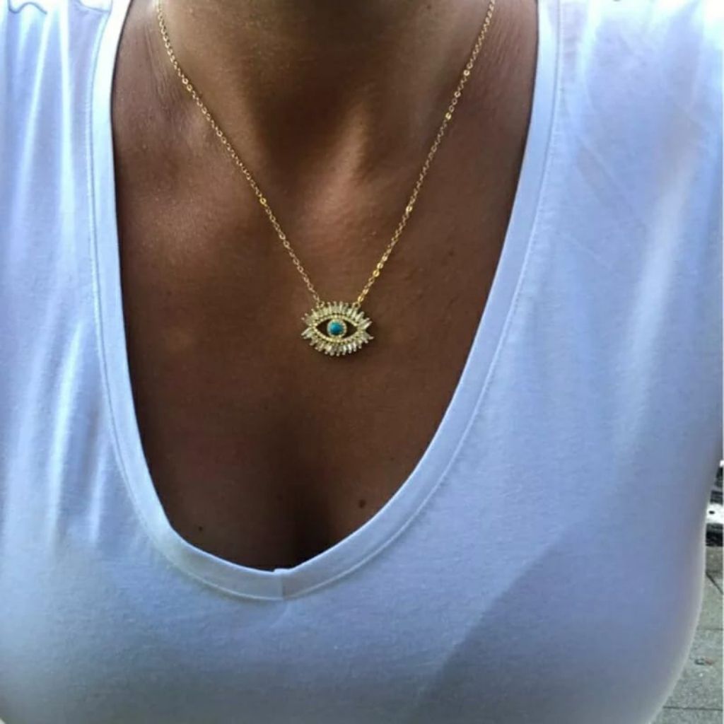 Large Turkish Evil Eye Crystal Zirconia Turquoise Eyelashes Pendant Necklace