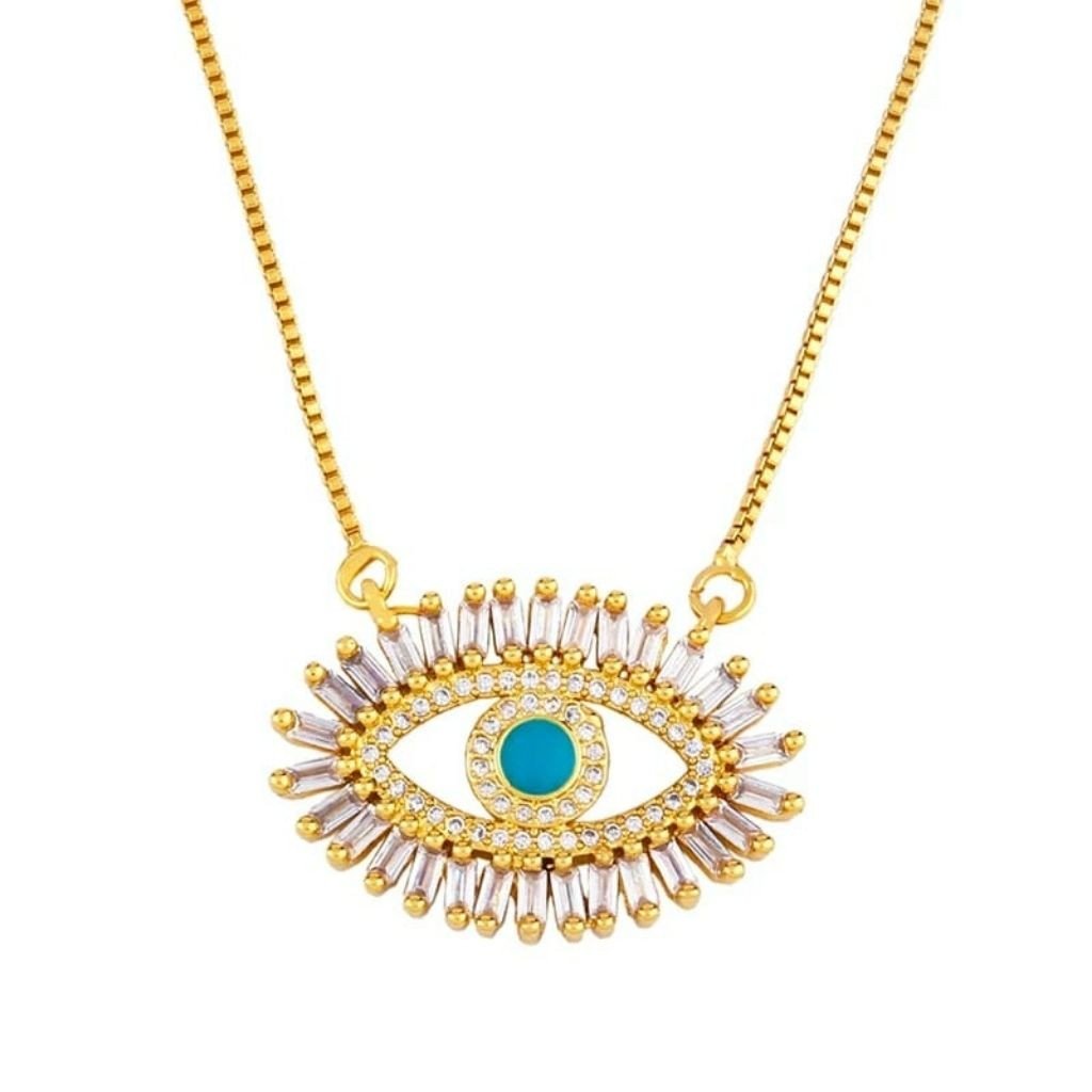 Large Turkish Evil Eye Crystal Zirconia Turquoise Eyelashes Pendant Necklace