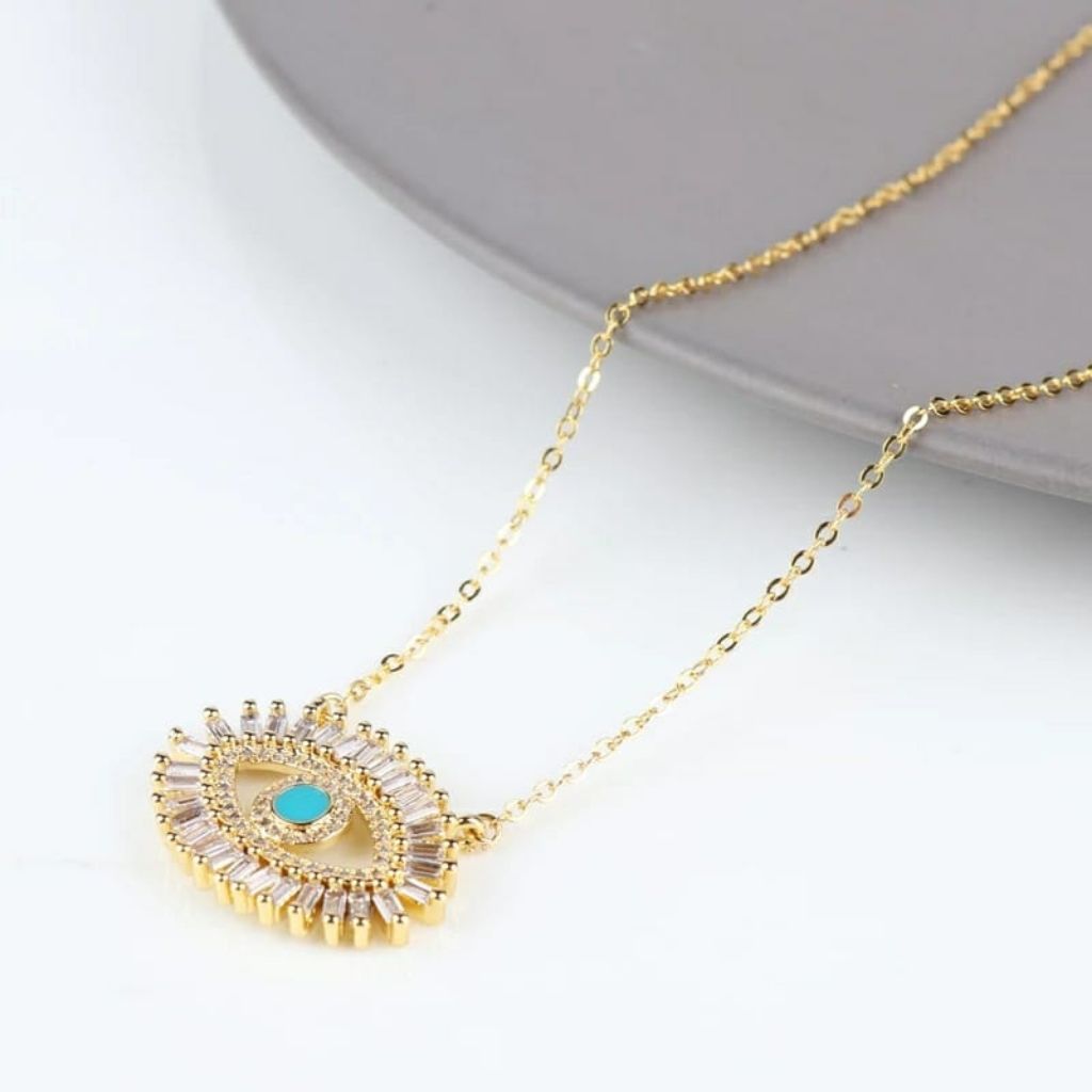Large Turkish Evil Eye Crystal Zirconia Turquoise Eyelashes Pendant Necklace