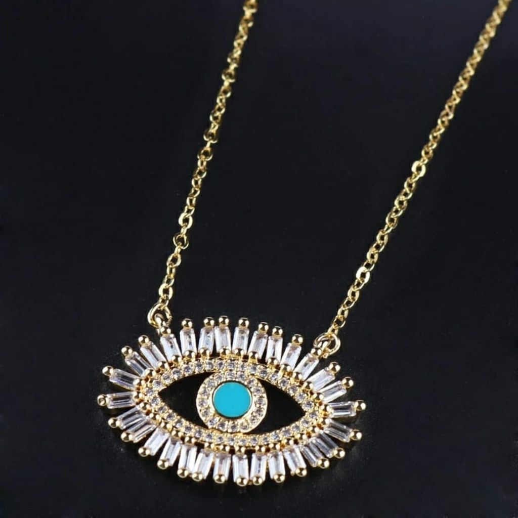 Large Turkish Evil Eye Crystal Zirconia Turquoise Eyelashes Pendant Necklace