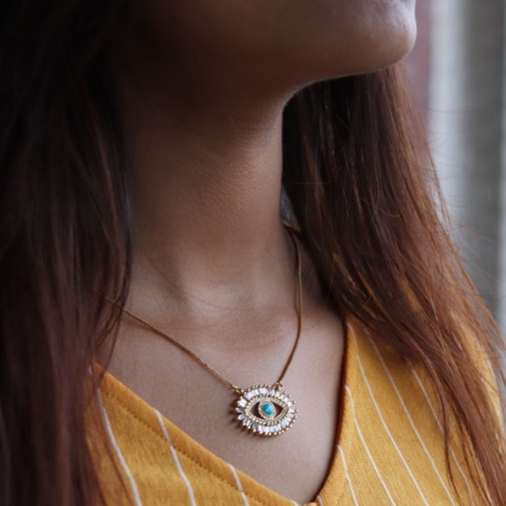 Large Turkish Evil Eye Crystal Zirconia Turquoise Eyelashes Pendant Necklace — Boho Jewellery UK | The Colourful Aura