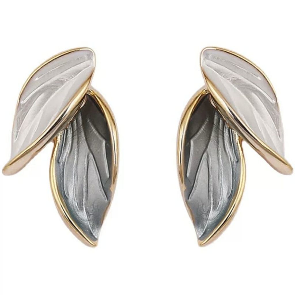 Summer Elegant Grey White Leaf Oil Drop Dangle Stud Marble White Earrings