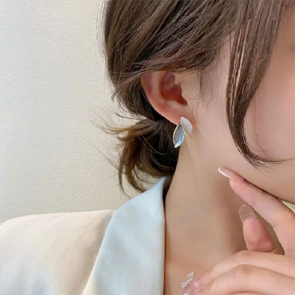 Summer Elegant Grey White Leaf Oil Drop Dangle Stud Marble White Earrings