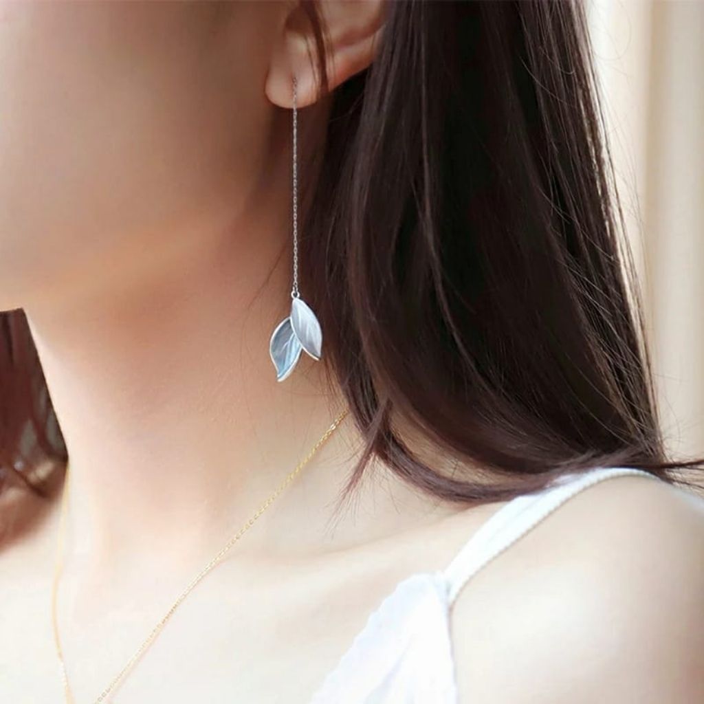 Elegant Grey White Long Leaf Drop Tassel Chain Marble Texture Earrings