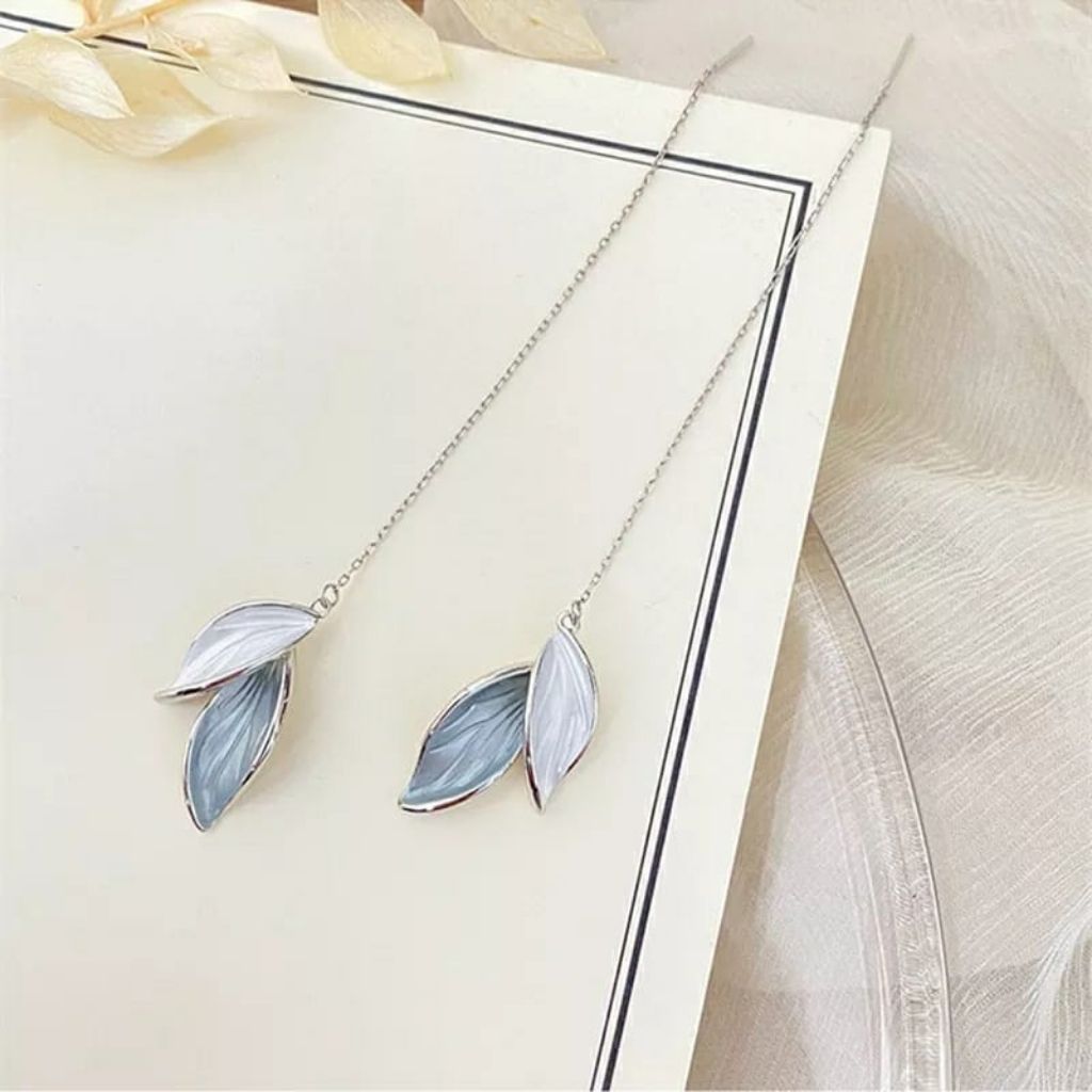 Elegant Grey White Long Leaf Drop Tassel Chain Marble Texture Earrings