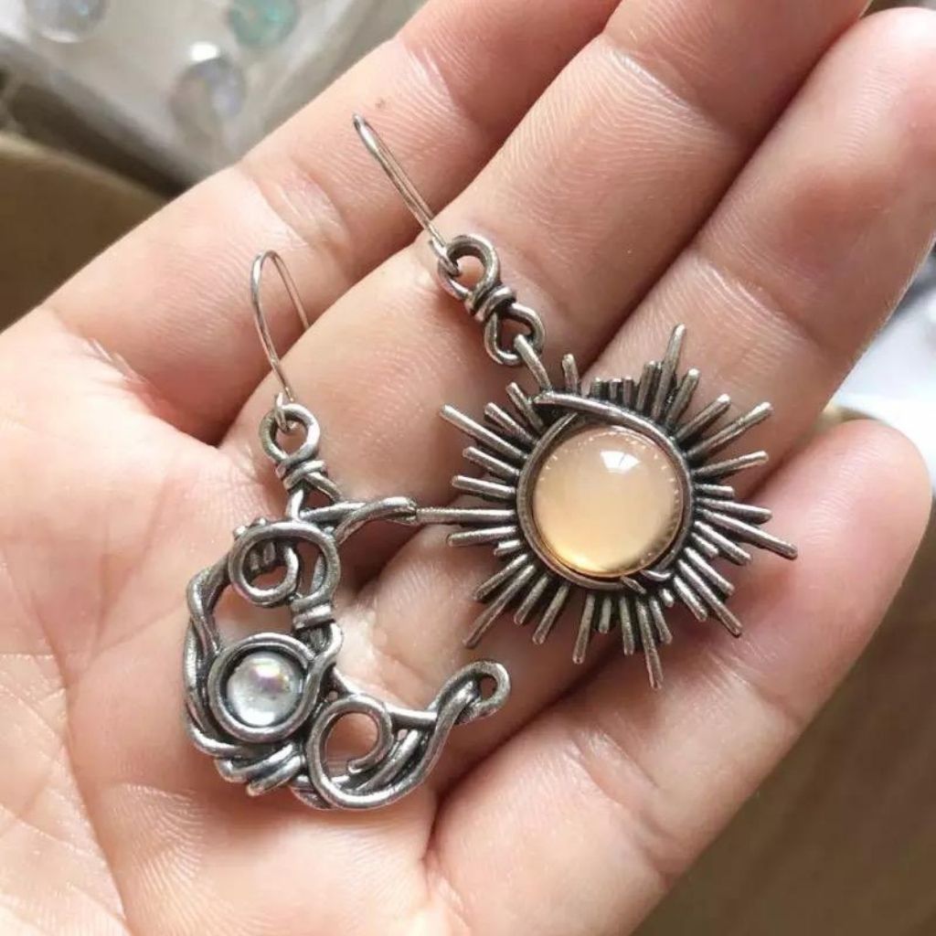 Sun and Half Moon Moonstone Wire Wrapped Boho Dangle Drop Hook Earrings