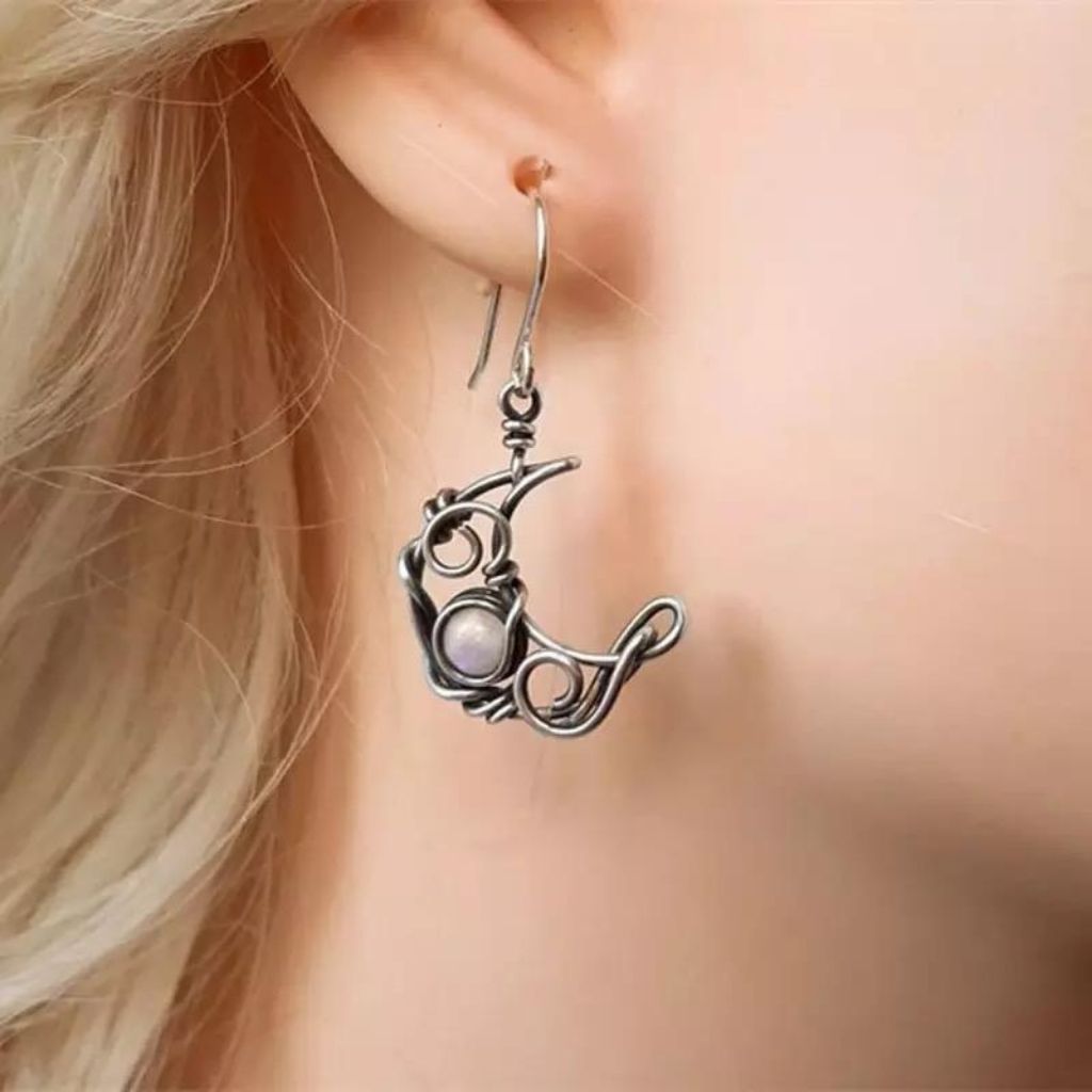 Sun and Half Moon Moonstone Wire Wrapped Boho Dangle Drop Hook Earrings