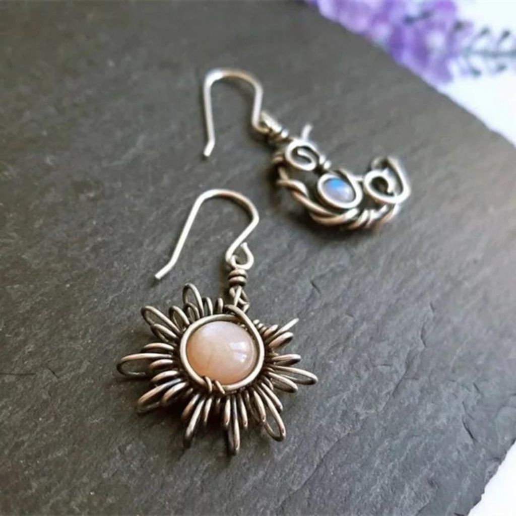 Sun and Half Moon Moonstone Wire Wrapped Boho Dangle Drop Hook Earrings