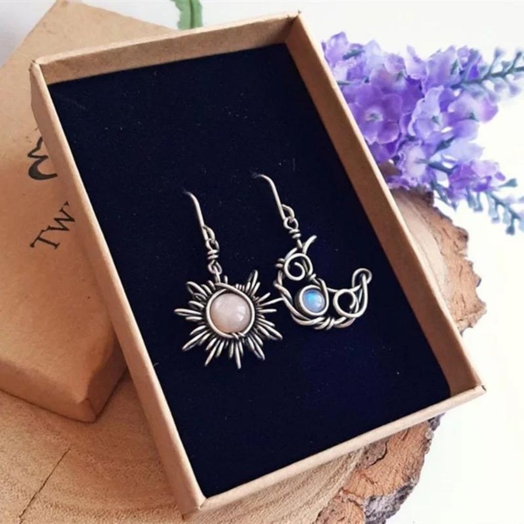 Sun and Half Moon Moonstone Wire Wrapped Boho Dangle Drop Hook Earrings