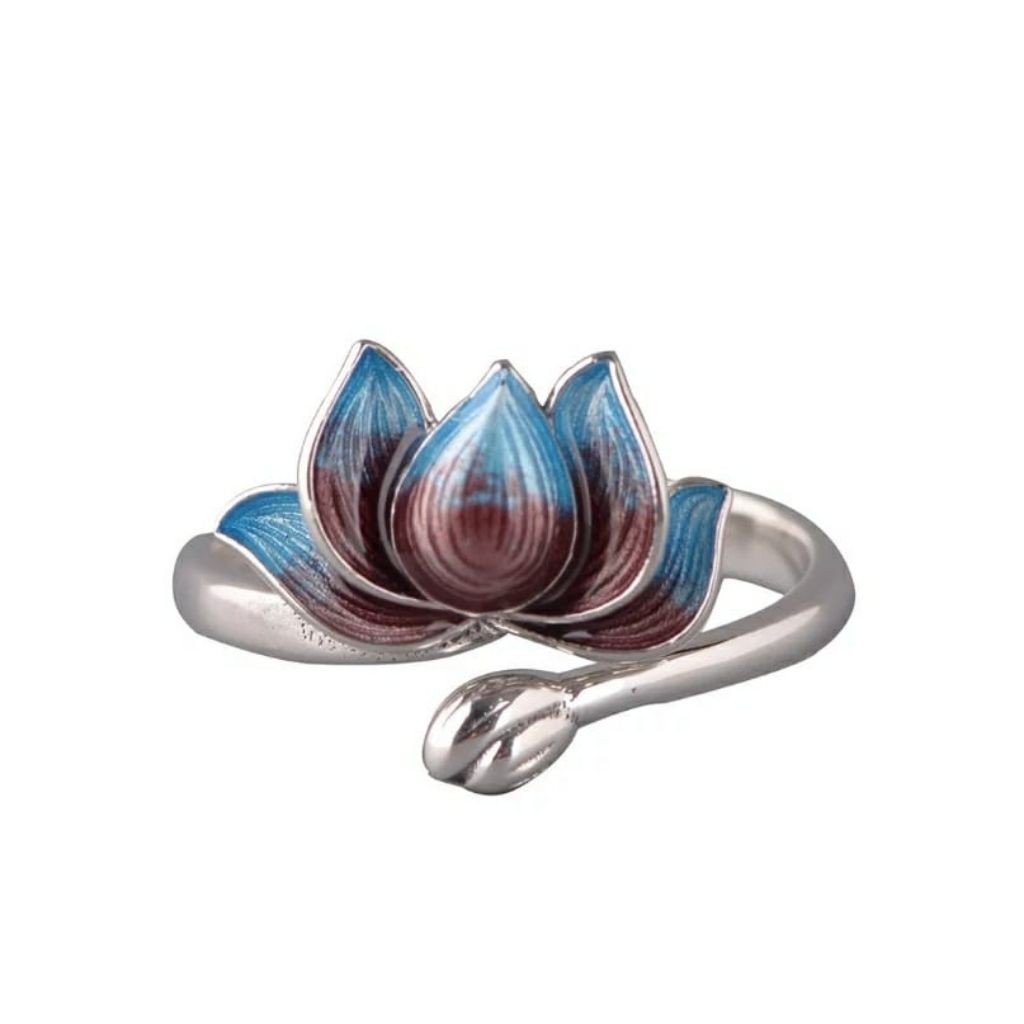 Adjustable Simple Red Blue Lotus Silver Dainty Ring for Women