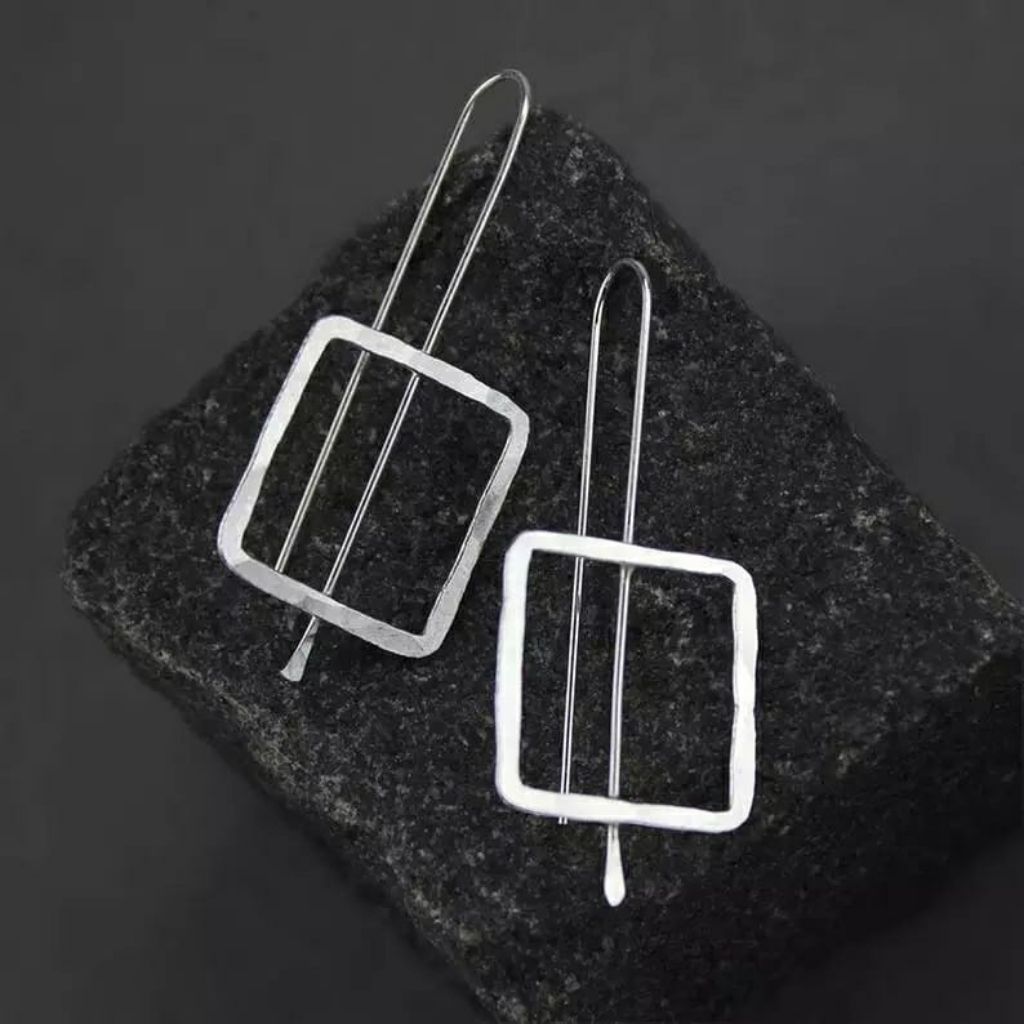 Retro Hammered Square Shape Quirky Geometric Punk Ear Hook Drop Earrings