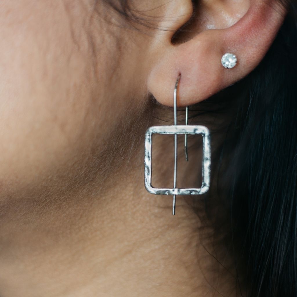 Retro Hammered Square Shape Quirky Geometric Punk Ear Hook Drop Earrings — Boho Jewellery UK | The Colourful Aura