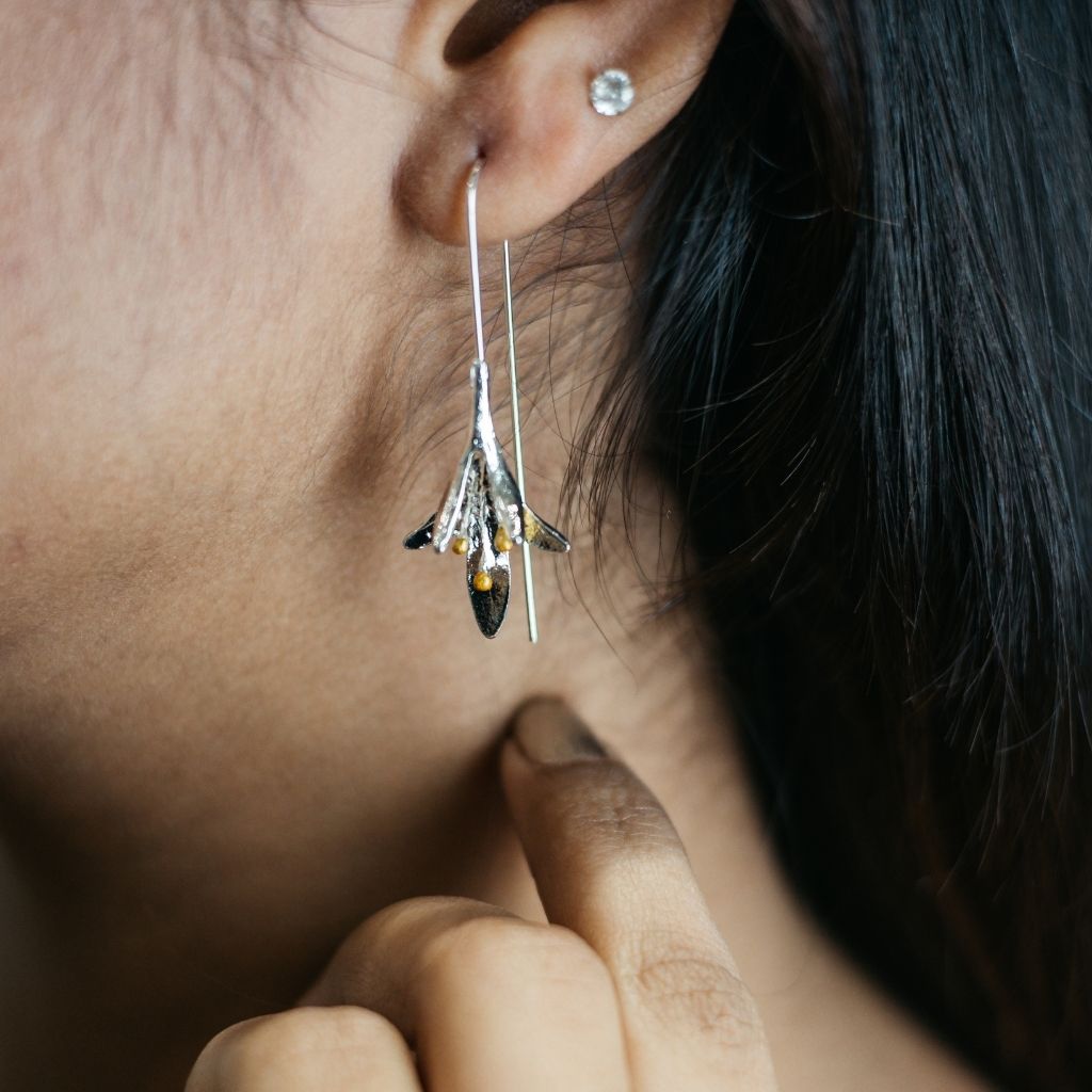 White Long Silver Vintage Lily floral Ear Crawler Hook Drop Ear Wire Earring — Boho Jewellery UK | The Colourful Aura
