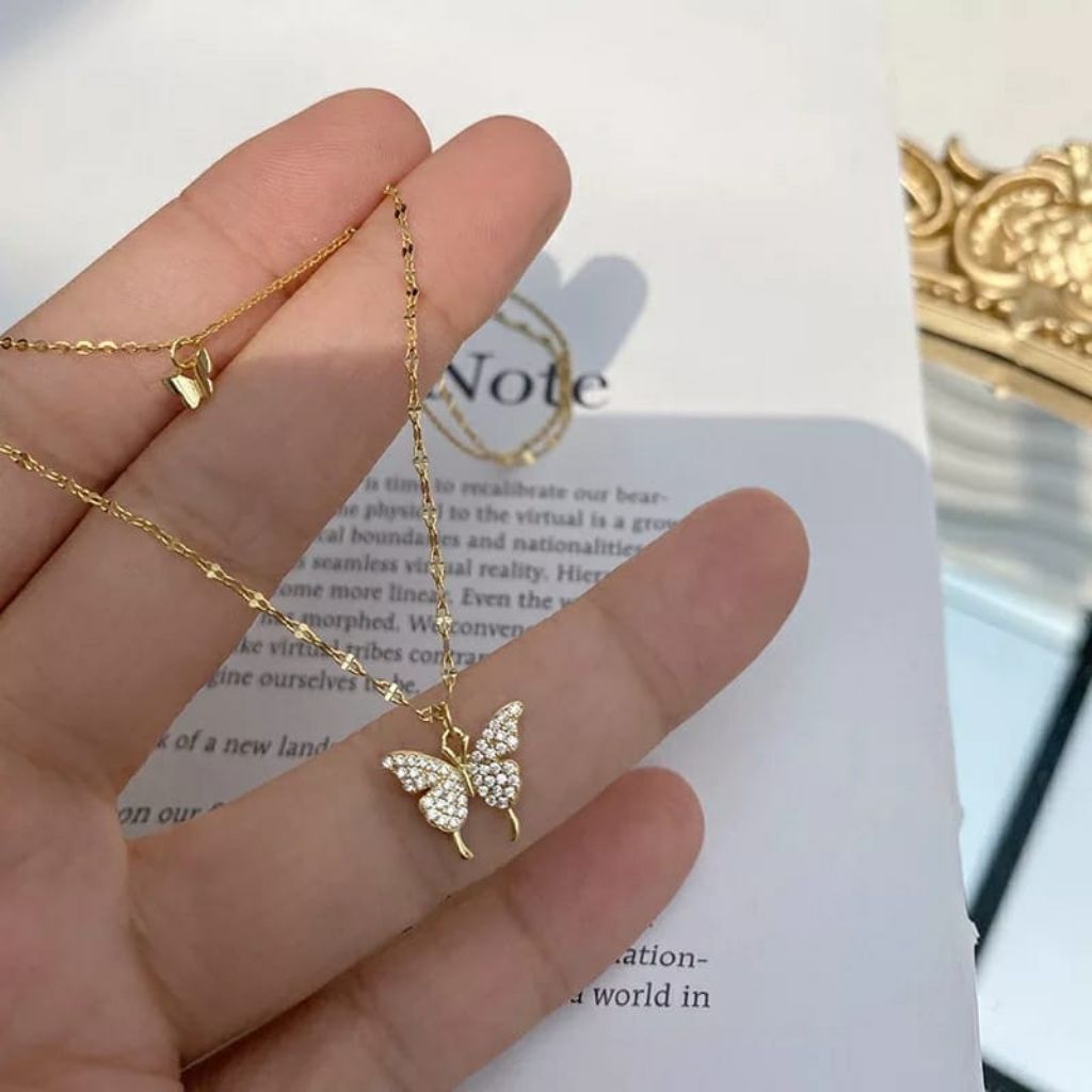 Silver and Gold Two StandLayered Sparkly Dainty Butterfly Choker Necklace