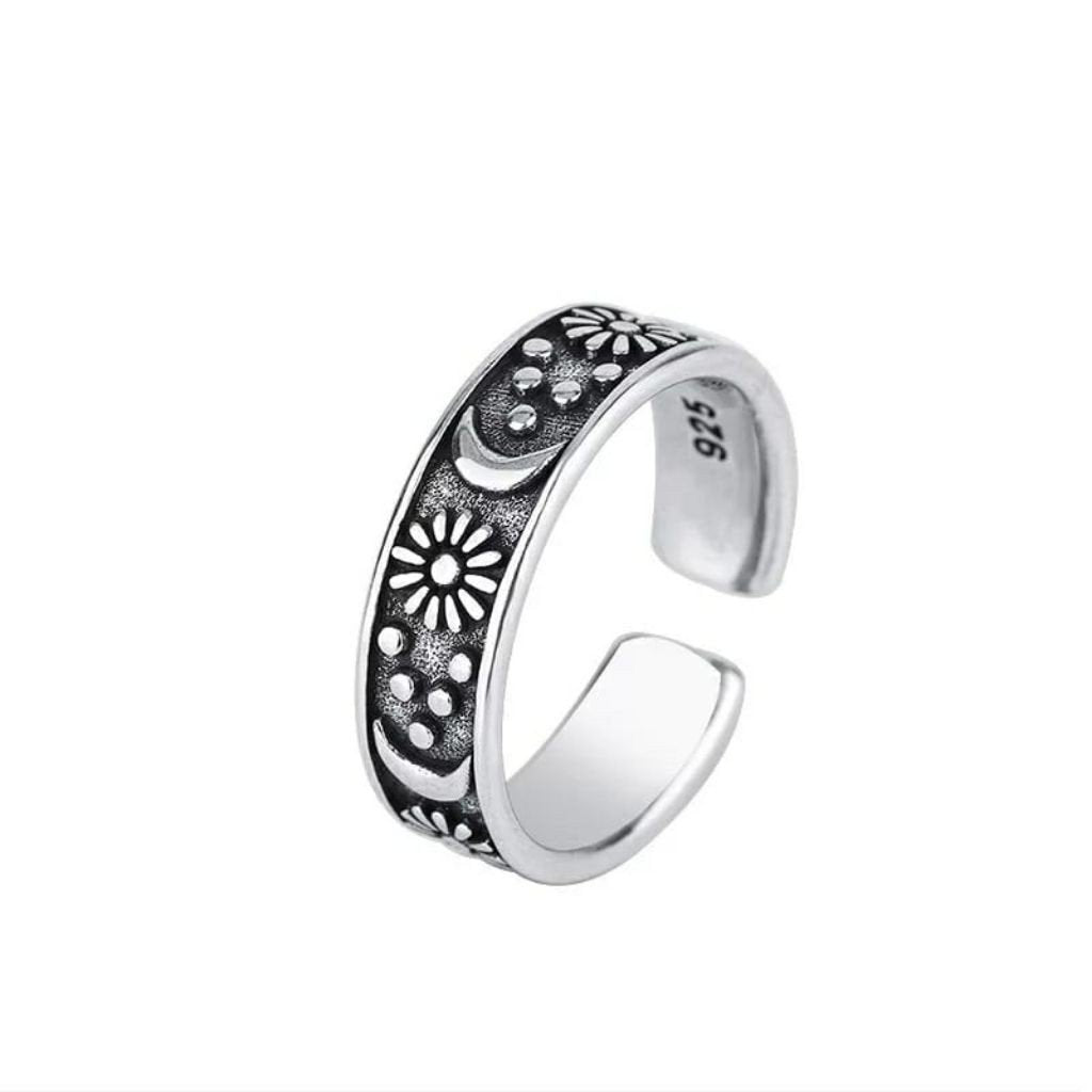 Adjustable Silver Moon and Sun Promise Wedding Cuff Band Ring