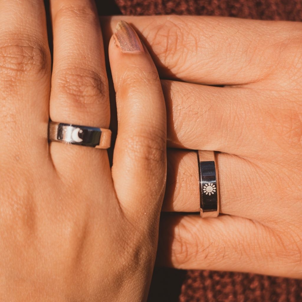 Black Band Matching Couple Moon and Sun Promise Ring set
