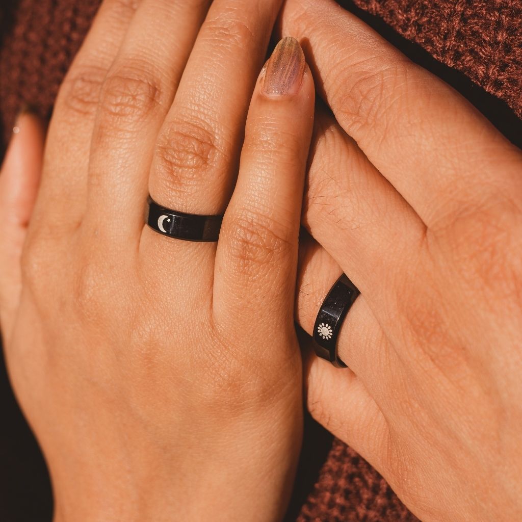 Black Band Matching Couple Moon and Sun Promise Ring set