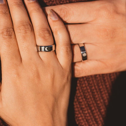 STAINLESS STEEL COUPLE MOON AND SUN PROMISE RING SET