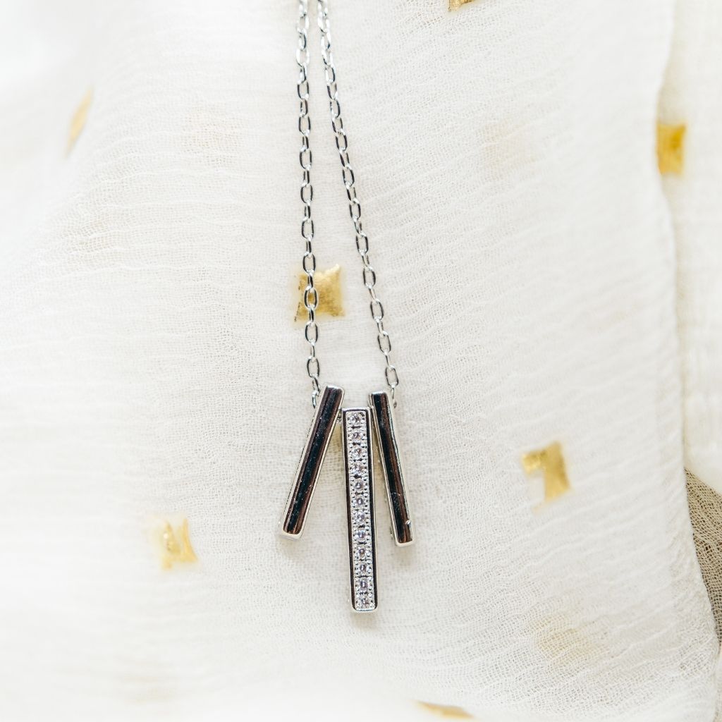 Sterling Silver Geometric Three Zircon Bar Drop Pendant Necklace