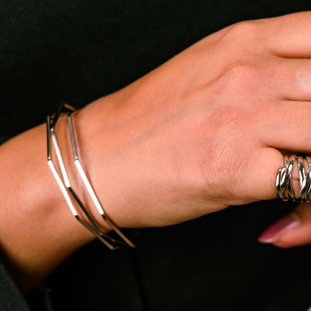 Adjustable Three Layer Gold Silver Twist Geometric Cuff Bangle Bracelet