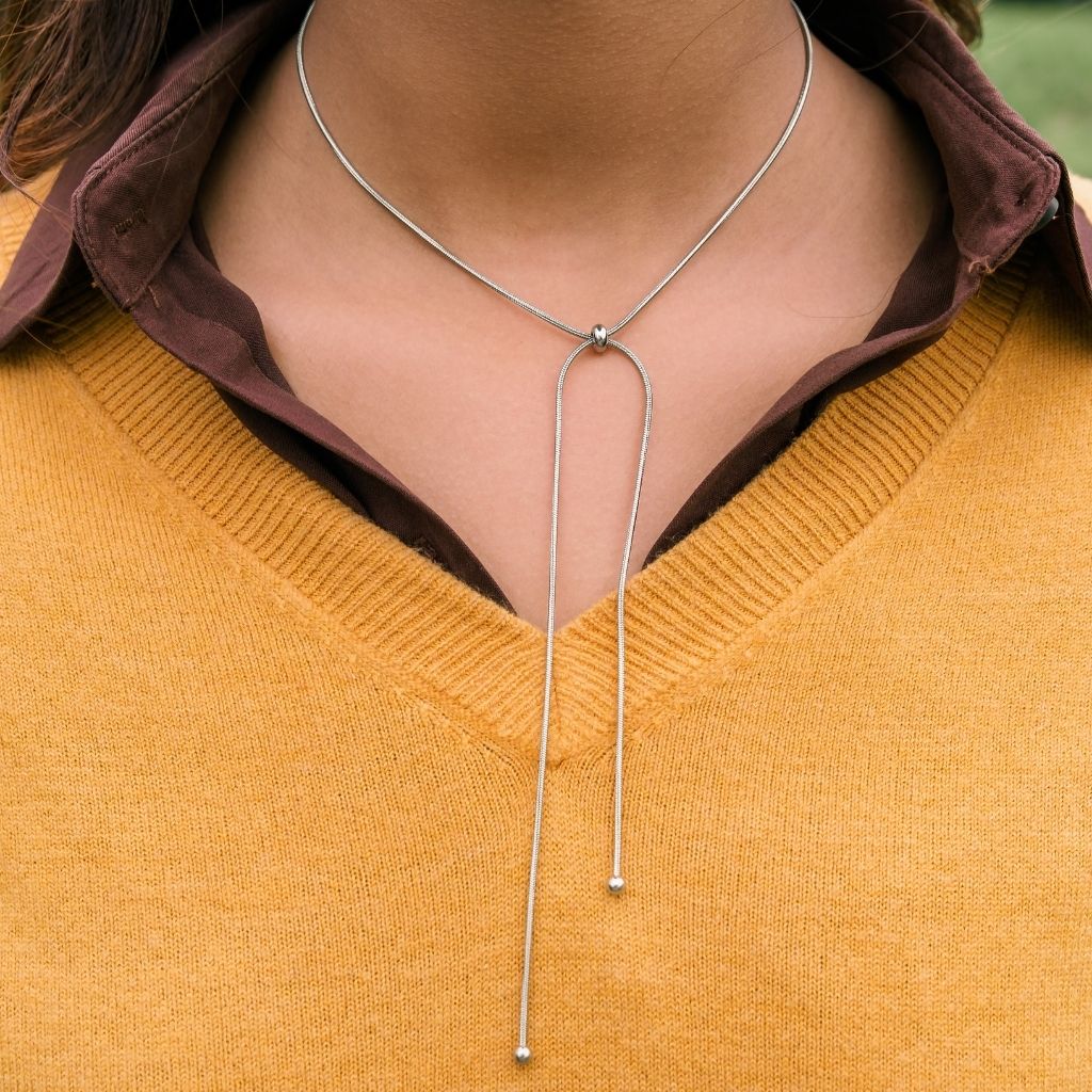 Stainless Silver Bow Knot Sliding Bead Snake Chain Choker Adjustable Necklace — Boho Jewellery UK | The Colourful Aura