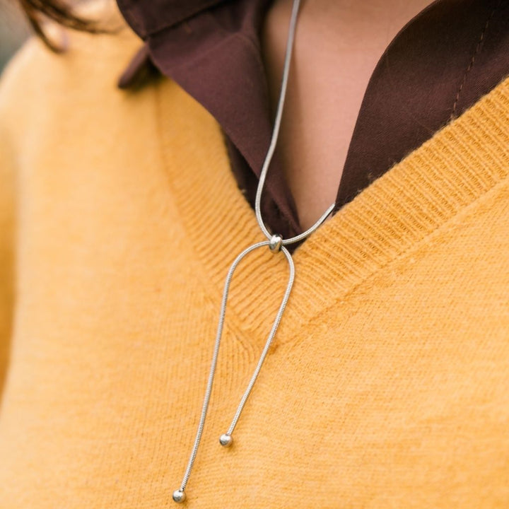 Stainless Silver Bow Knot Sliding Bead Snake Chain Choker Adjustable Necklace (Close-up Detail) | The Colourful Aura