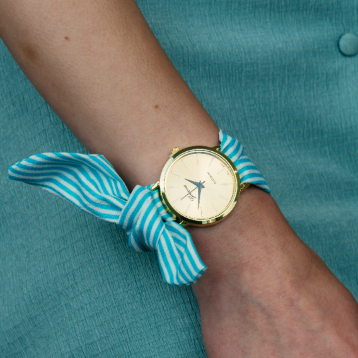 Green Brown Stripe Cloth Changeable Cotton Tie Knot Strap Geneva Boho Wristwatch (Close-up Detail) | The Colourful Aura