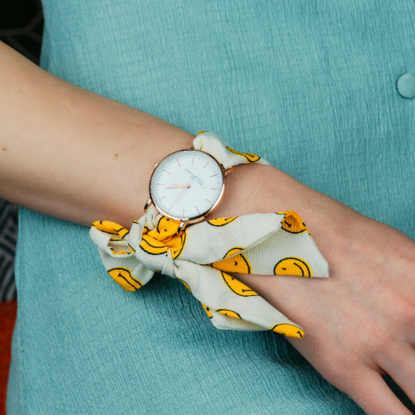 Black and Yellow Smiley Cloth women's wristwatch, changeable cotton strap, Women Geneva watch, Handmade Ladies Bracelet Watch, Watch Strap