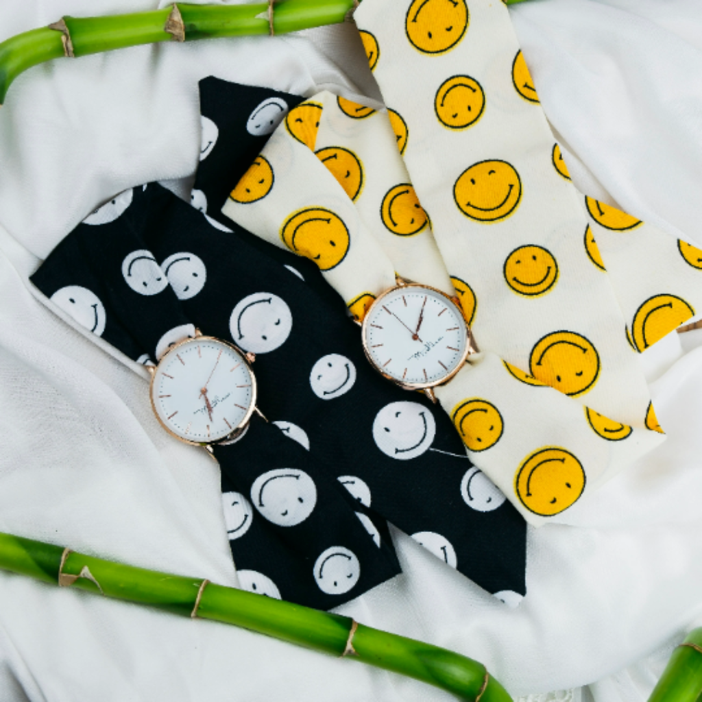 Yellow Smiley Cloth Changeable Cotton Tie Knot Strap Geneva Boho Wristwatch
