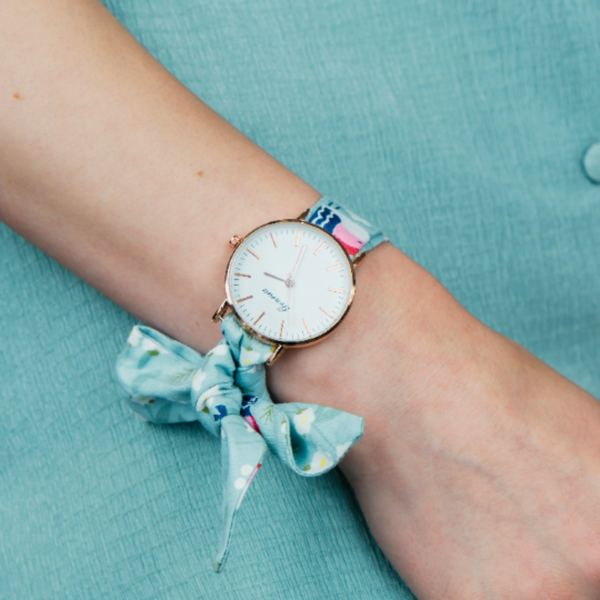Light Blue Floral Print Handmade Colour Women's Bracelet Wristwatch, Handmade changeable cotton strap, Ladies Geneva Bracelet Watch, Light Green Extra Watch Strap