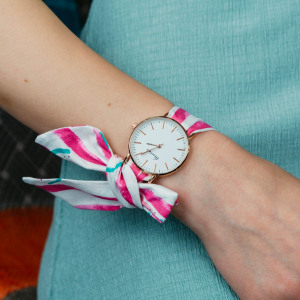 Pink Watermelon Print colour women's wristwatch, Handmade changeable cotton strap, Ladies Geneva Bracelet Watch, Christmas Gifts