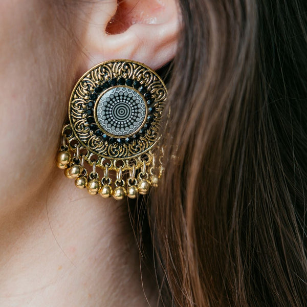 Golden Round Disc Bell Button Indian Asian Muslim Ethnic Stud Earrings