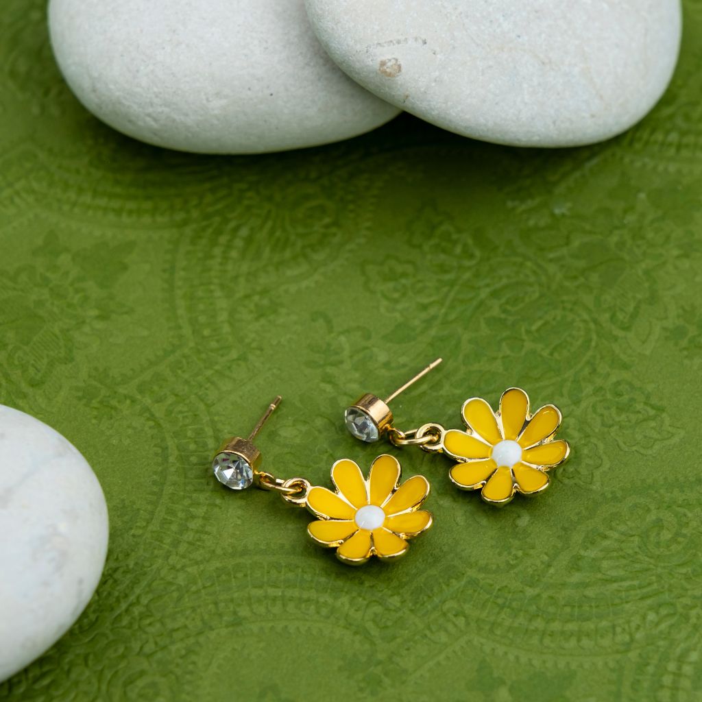 Yellow Daisy Sun Flower Zircon Dangle Drop Summer Floral Handmade Stud Earrings