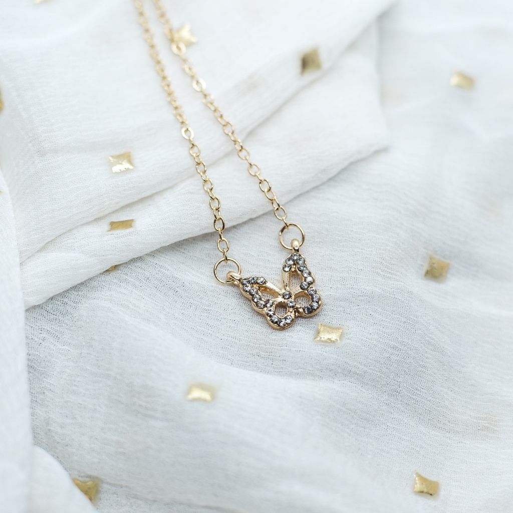 Silver and Gold Sparkly Dainty Butterfly Minimalistic Pendant Necklace (Close-up Detail) | The Colourful Aura