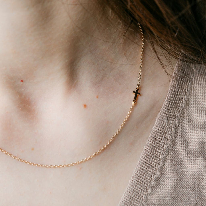 Silver and Gold Sideways Dainty Cross Minimalist Choker Necklace (Close-up Detail) | The Colourful Aura
