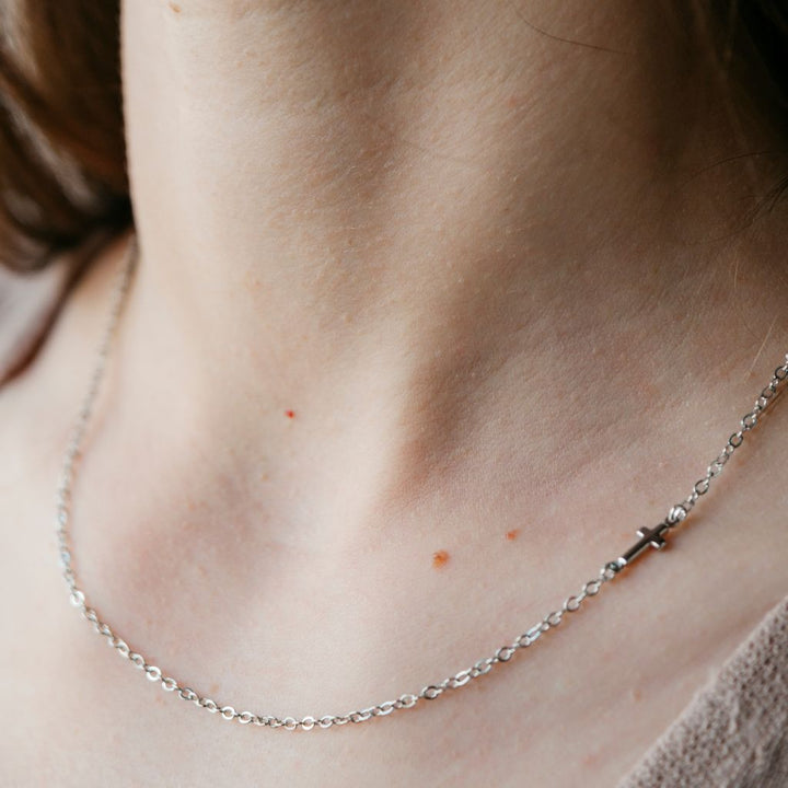 Silver and Gold Sideways Dainty Cross Minimalist Choker Necklace (Close-up Detail) | The Colourful Aura