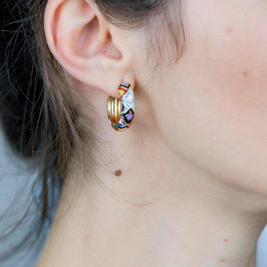 Gold Plated Large Blue Floral Multicolour Dainty Enamel Huggie Hoop Earrings