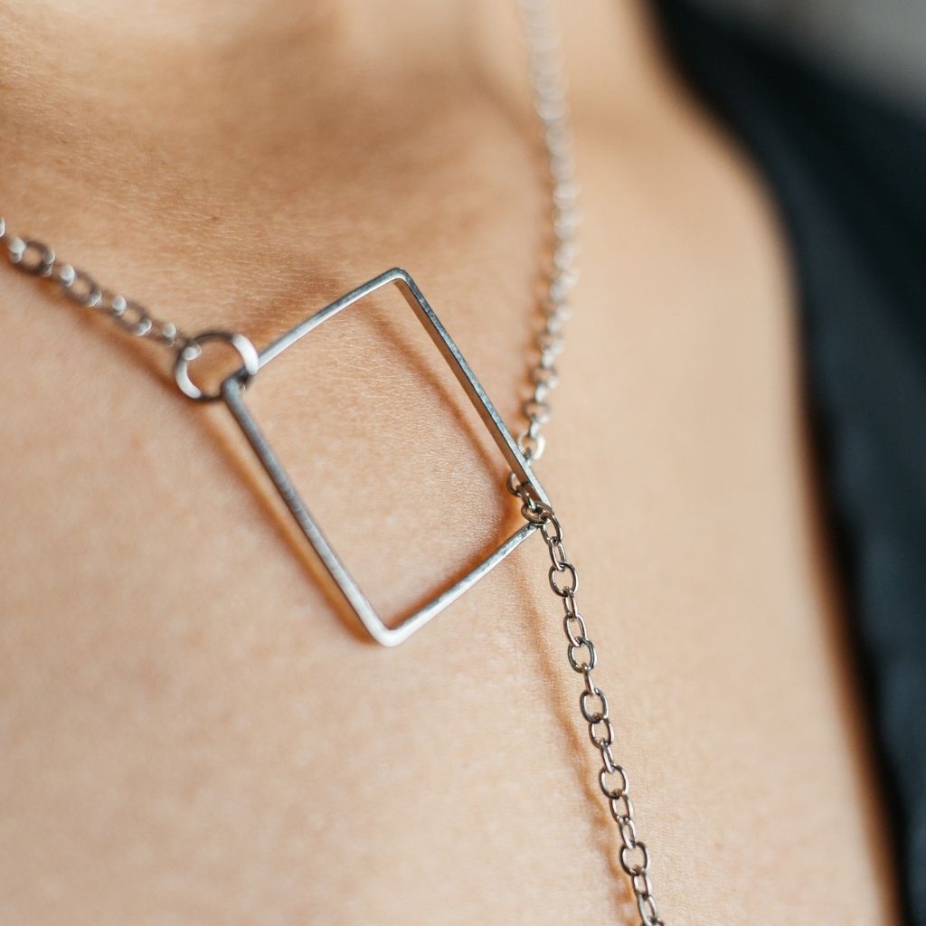 Two Square Drop Lariat Y Shape Interlock Rectangle Bar Lariat Drop Necklace