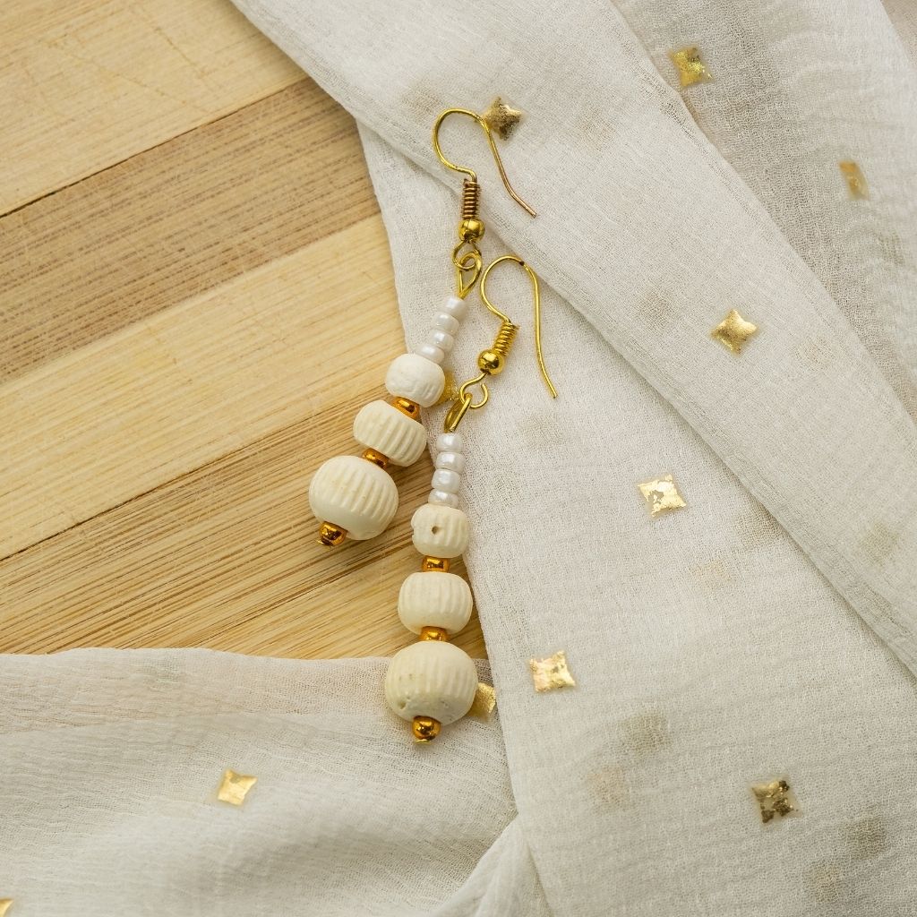 White Bead Sea Shell Drop Earrings