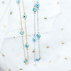 Evil Eye Gold and Silver Charm Protection Turkish Eye Blue Bead Choker Necklace (Close-up Detail) | The Colourful Aura