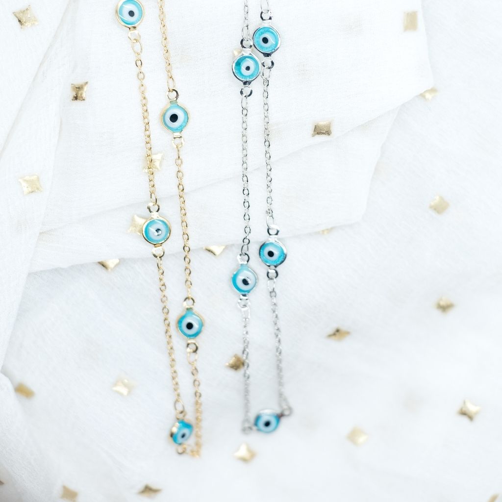 Evil Eye Gold and Silver Charm Protection Turkish Eye Blue Bead Choker Necklace (Close-up Detail) | The Colourful Aura