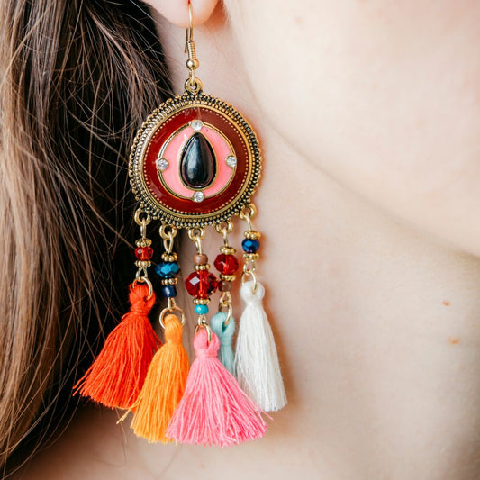 Long Round Enamel Colourful Tassel Indian Boho Drop Ethnic Dangle Bridal Earring
