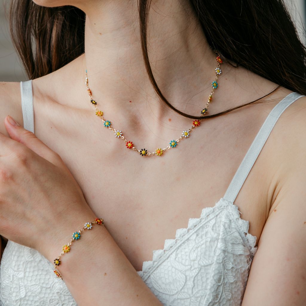 Silver Colourful Daisy Sun Flower Charms Indie Summer Boho Choker Necklace