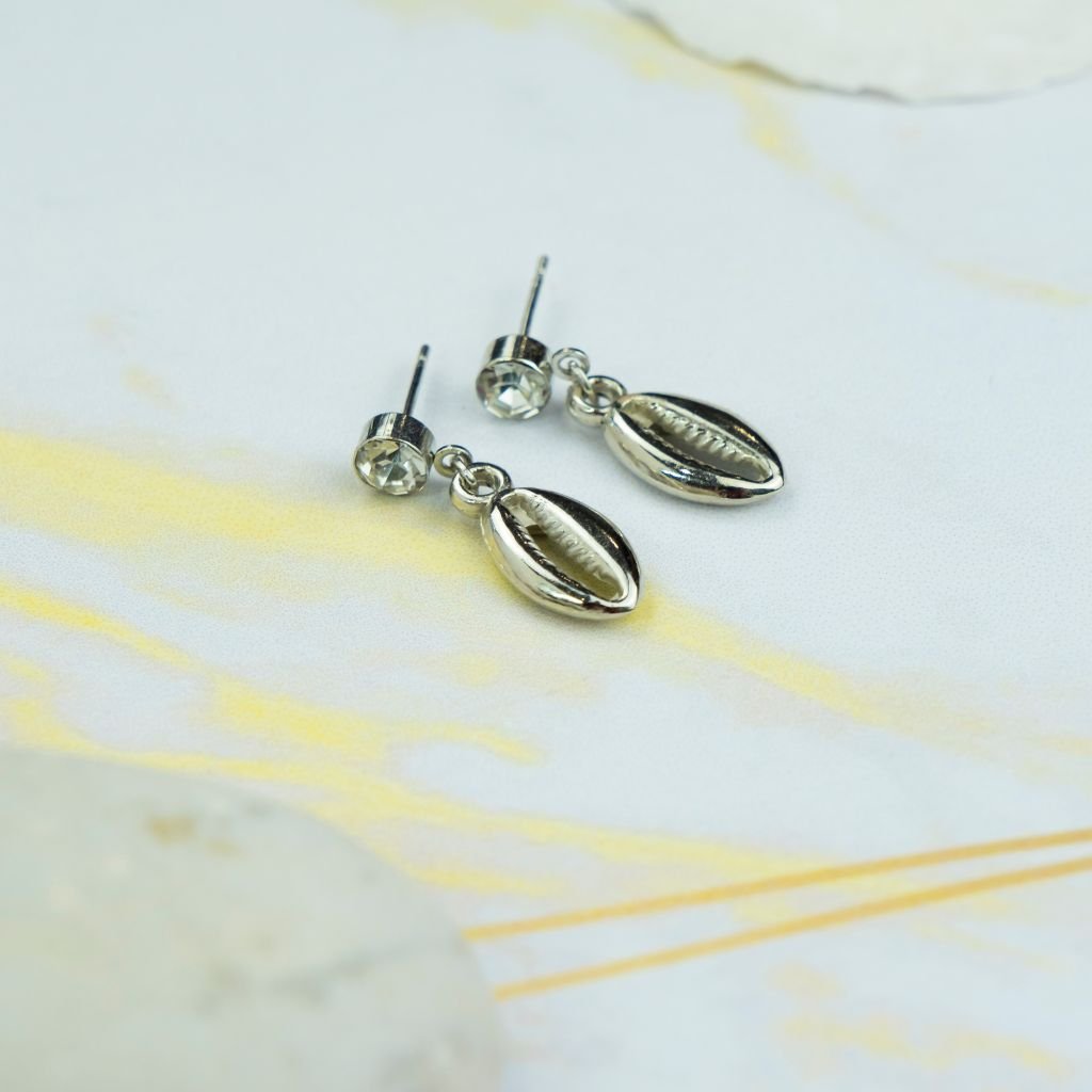 Silver Cowrie Charm Beach Sea Shell Zircon Handmade Dangle Drop Studs Earrings