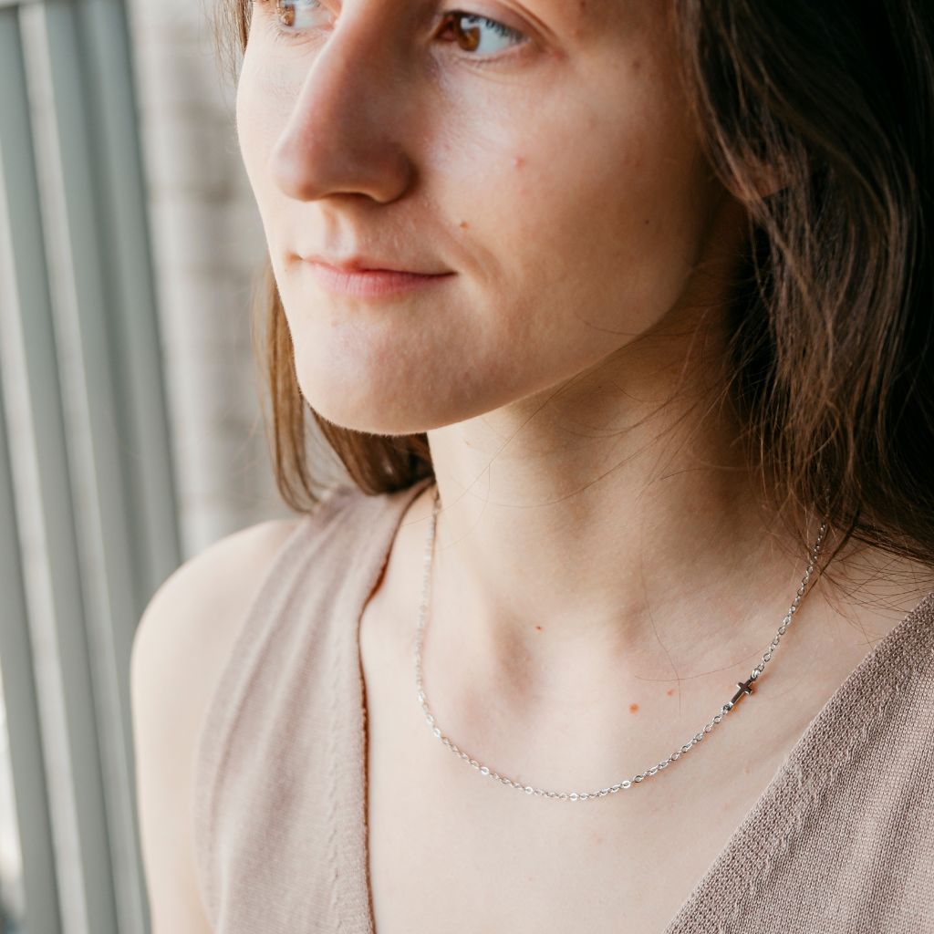 Silver and Gold Sideways Dainty Cross Minimalist Choker Necklace