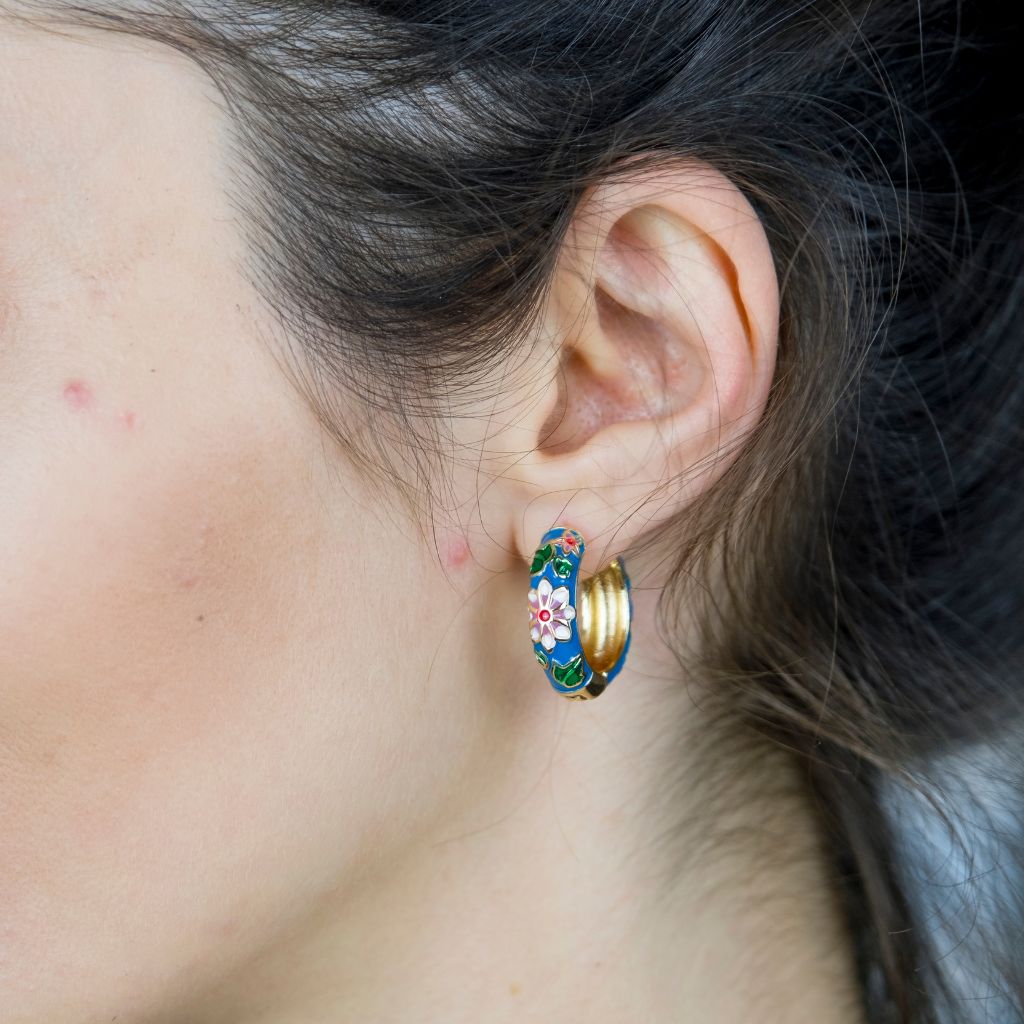 Gold Plated Large Blue Floral Multicolour Dainty Enamel Huggie Hoop Earrings