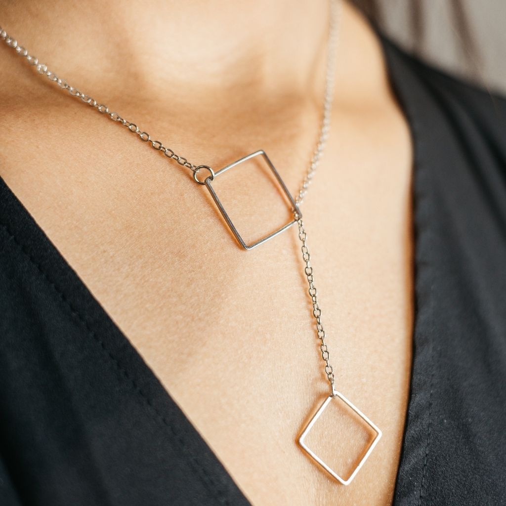 Silver Two Square Drop Lariat Y Shape Interlock Rectangle Bar Lariat Drop — Boho Jewellery UK | The Colourful Aura