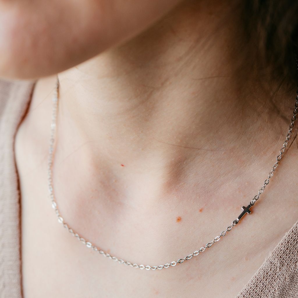 Silver and Gold Sideways Dainty Cross Minimalist Choker Necklace